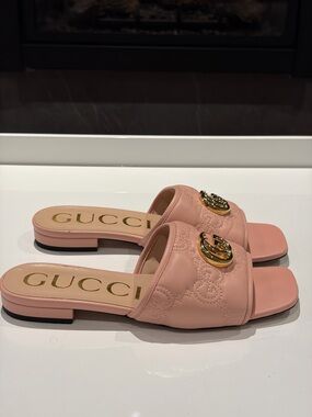 Gucci Nappa Charlotte GG Marmont with Gold Double G Sandals